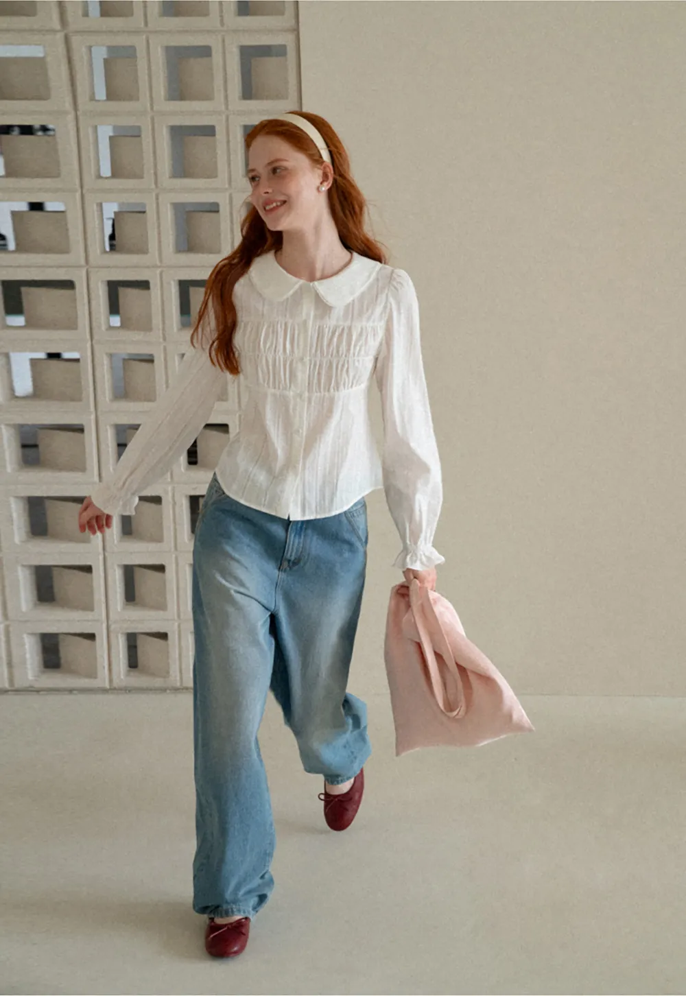 Peter Pan Collar Smocked Bodice Blouse