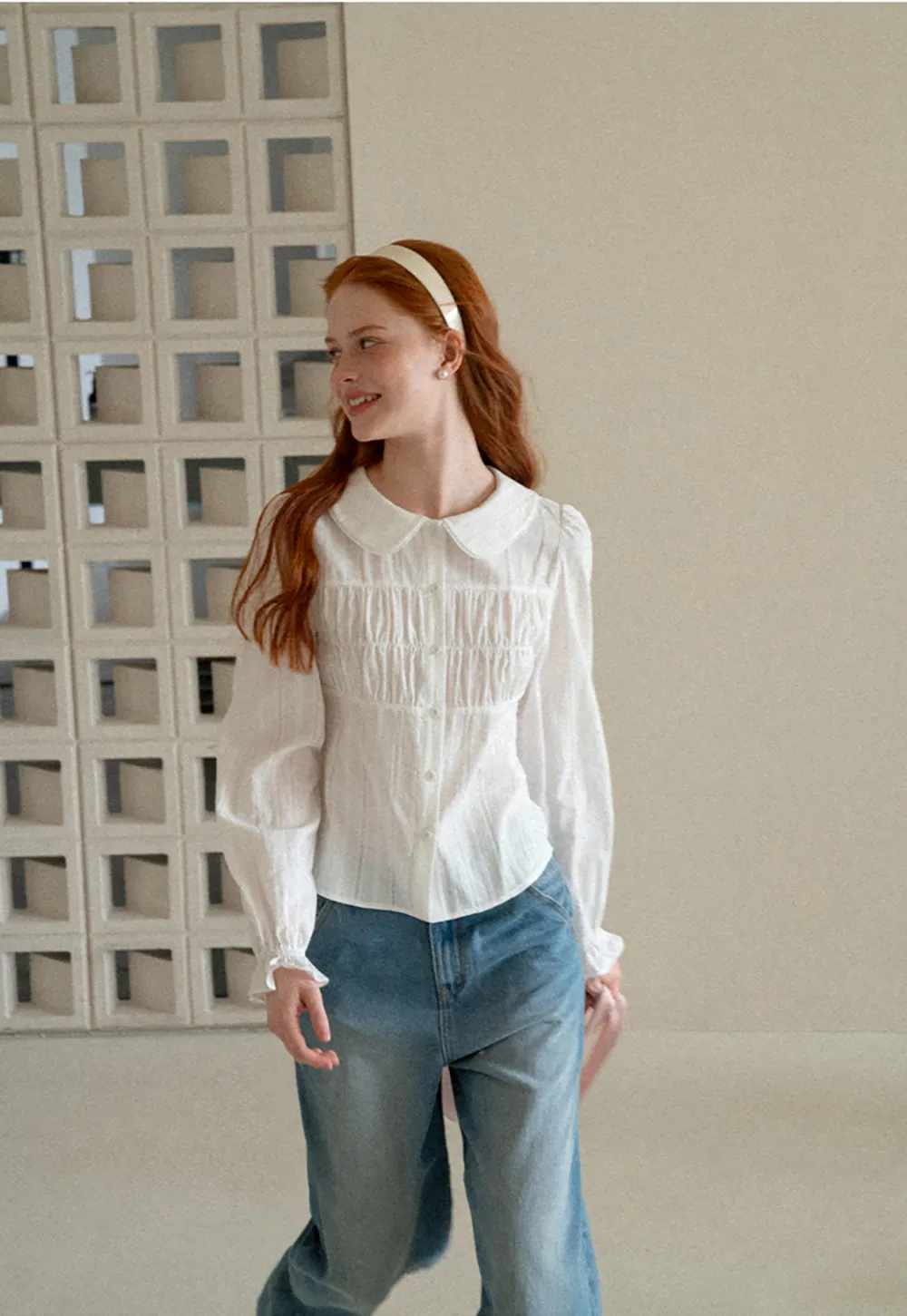 Peter Pan Collar Smocked Bodice Blouse