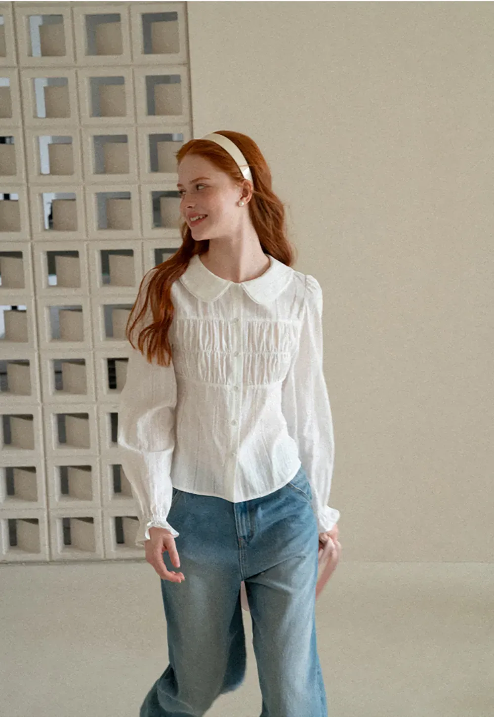 Peter Pan Collar Smocked Bodice Blouse