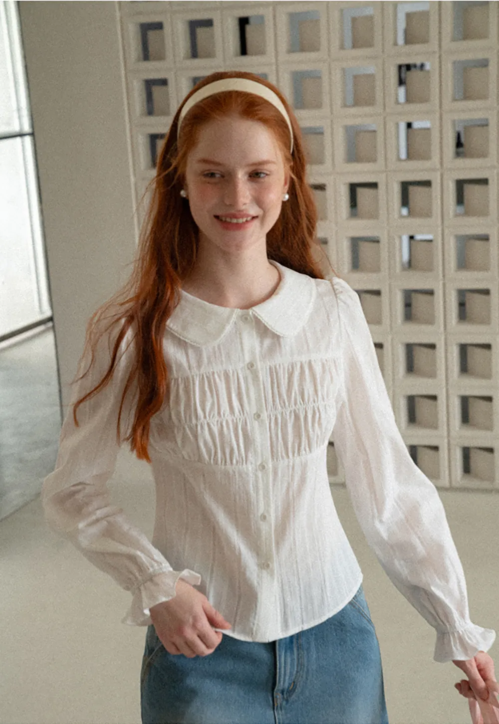 Peter Pan Collar Smocked Bodice Blouse