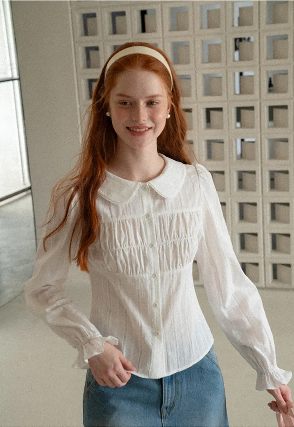 Peter Pan Collar Smocked Bodice Blouse