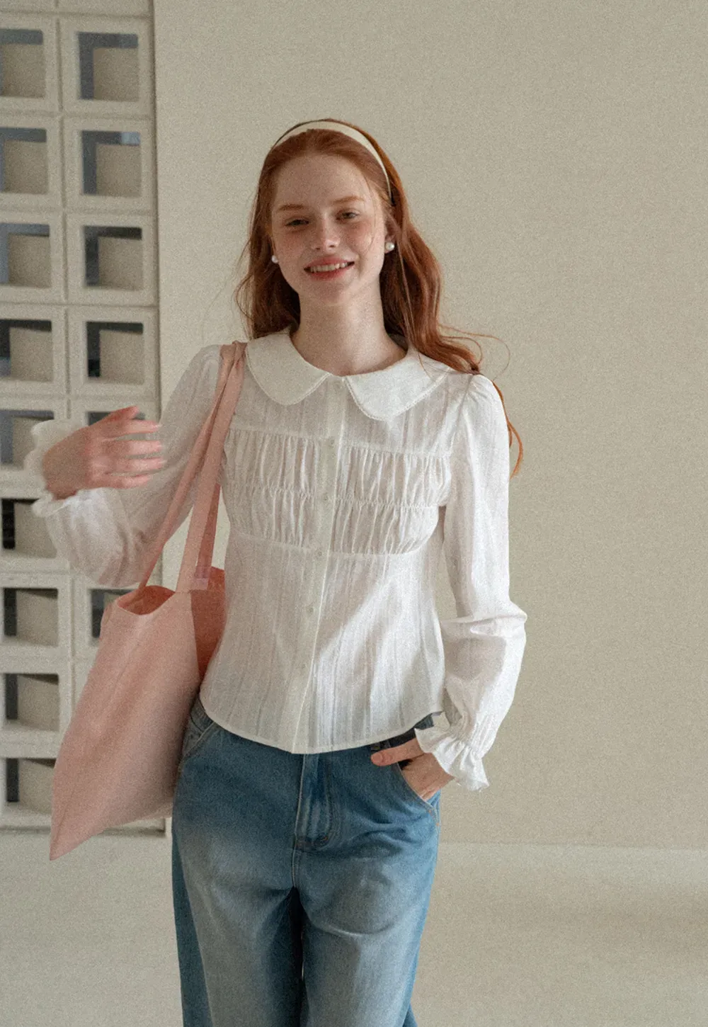 Peter Pan Collar Smocked Bodice Blouse