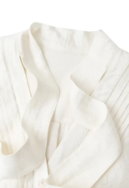Pleated V Neck Button Up Shirt with Ruffled Cuff