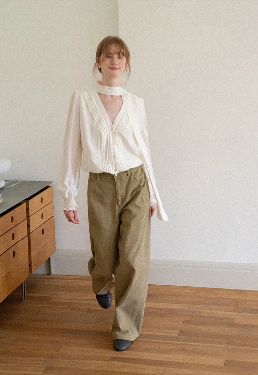 Pleated V Neck Button Up Shirt with Ruffled Cuff