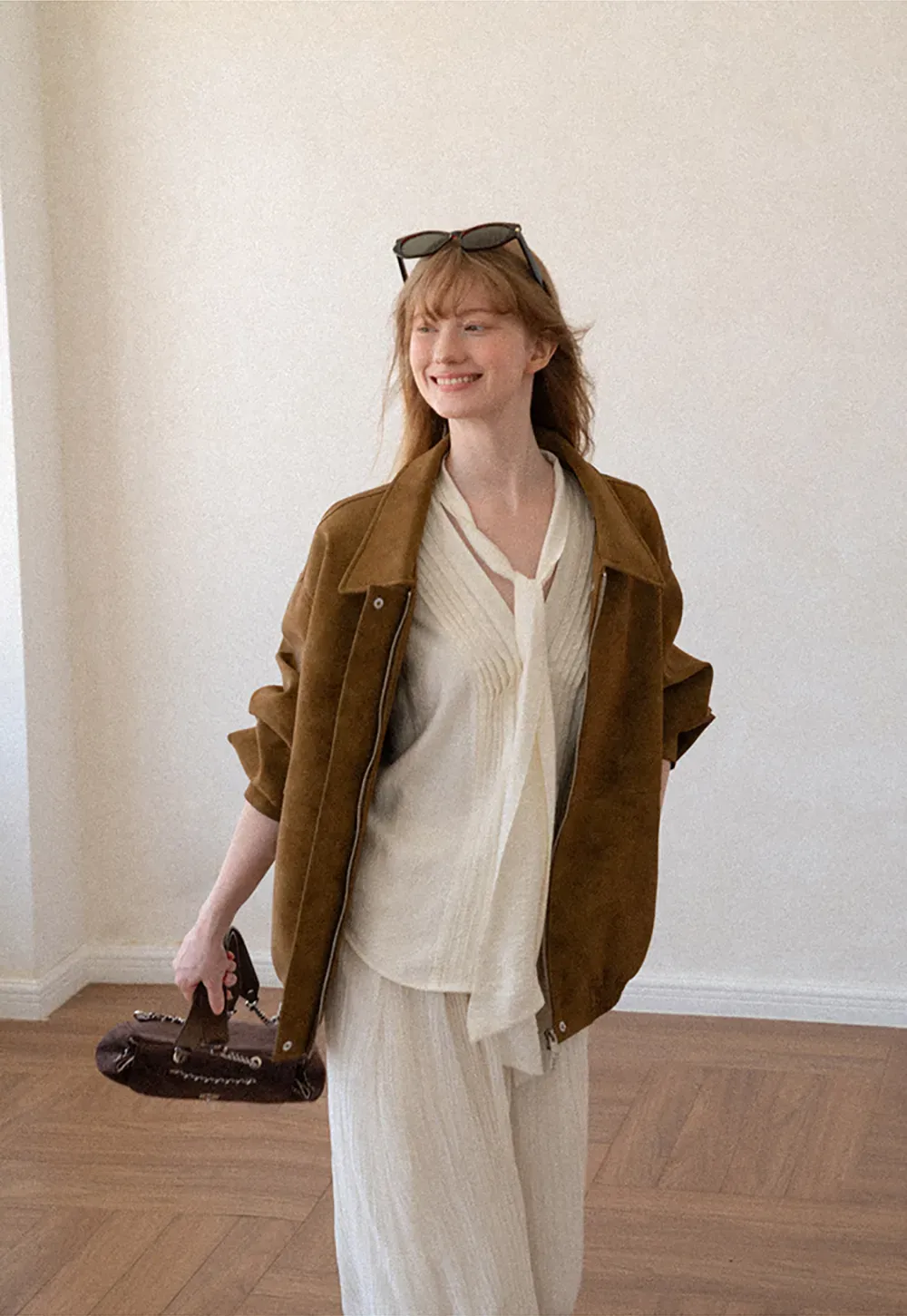 Pleated V Neck Button Up Shirt with Ruffled Cuff
