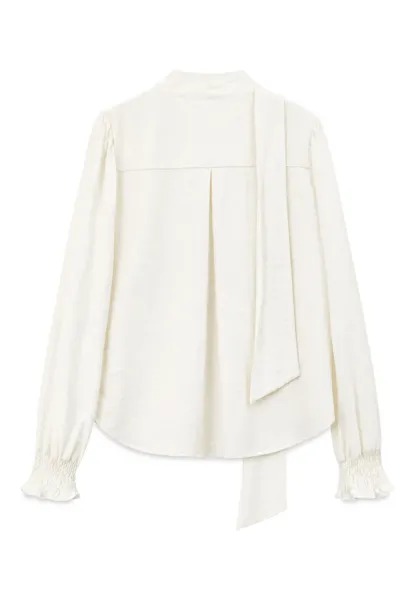 Pleated V Neck Button Up Shirt with Ruffled Cuff