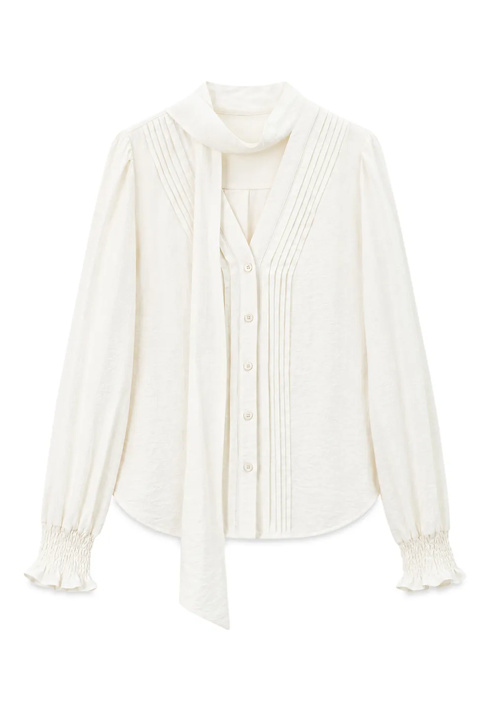 Pleated V Neck Button Up Shirt with Ruffled Cuff