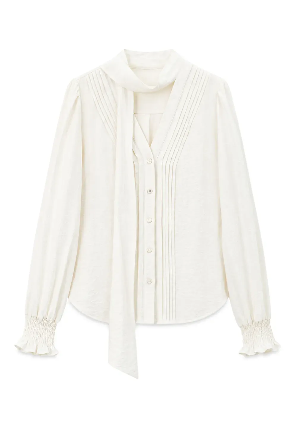 Pleated V Neck Button Up Shirt with Ruffled Cuff