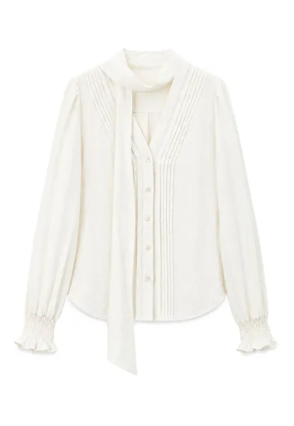Pleated V Neck Button Up Shirt with Ruffled Cuff