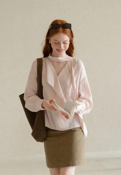 Wrap Neck Draped Front Long Sleeve Shirt