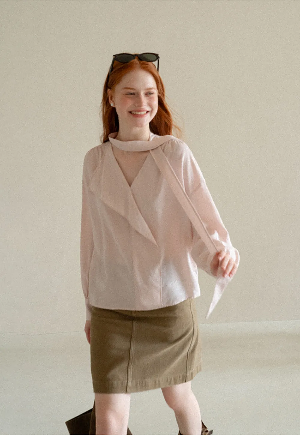 Wrap Neck Draped Front Long Sleeve Shirt