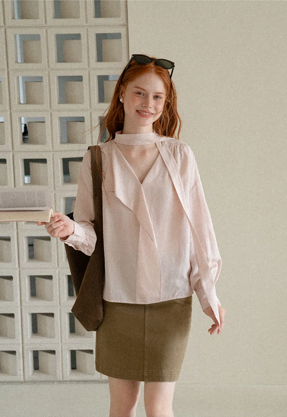 Wrap Neck Draped Front Long Sleeve Shirt
