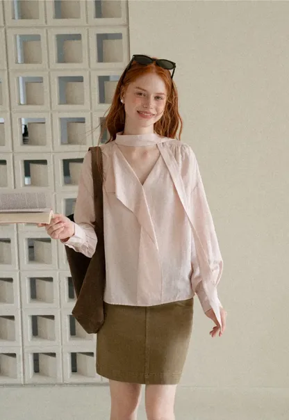 Wrap Neck Draped Front Long Sleeve Shirt