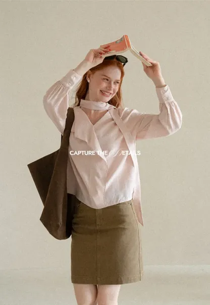 Wrap Neck Draped Front Long Sleeve Shirt