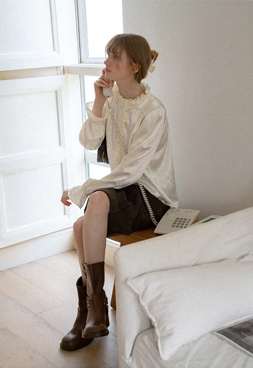 Ruffled Collar Button Front Long Sleeve Shirt
