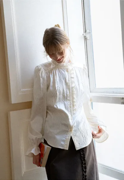 Ruffled Collar Button Front Long Sleeve Shirt