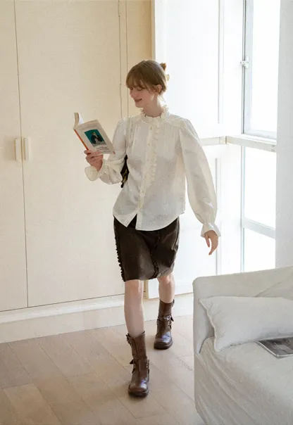 Ruffled Collar Button Front Long Sleeve Shirt