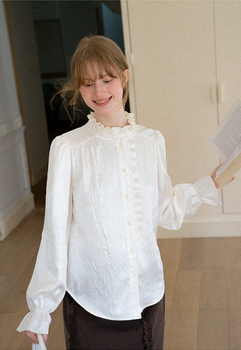 Ruffled Collar Button Front Long Sleeve Shirt