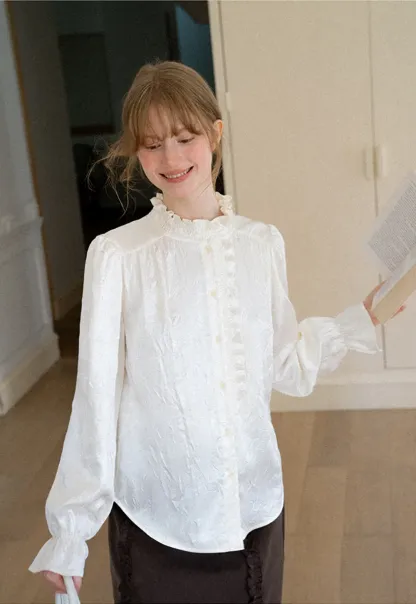 Ruffled Collar Button Front Long Sleeve Shirt