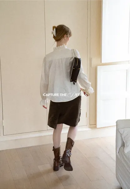 Ruffled Collar Button Front Long Sleeve Shirt