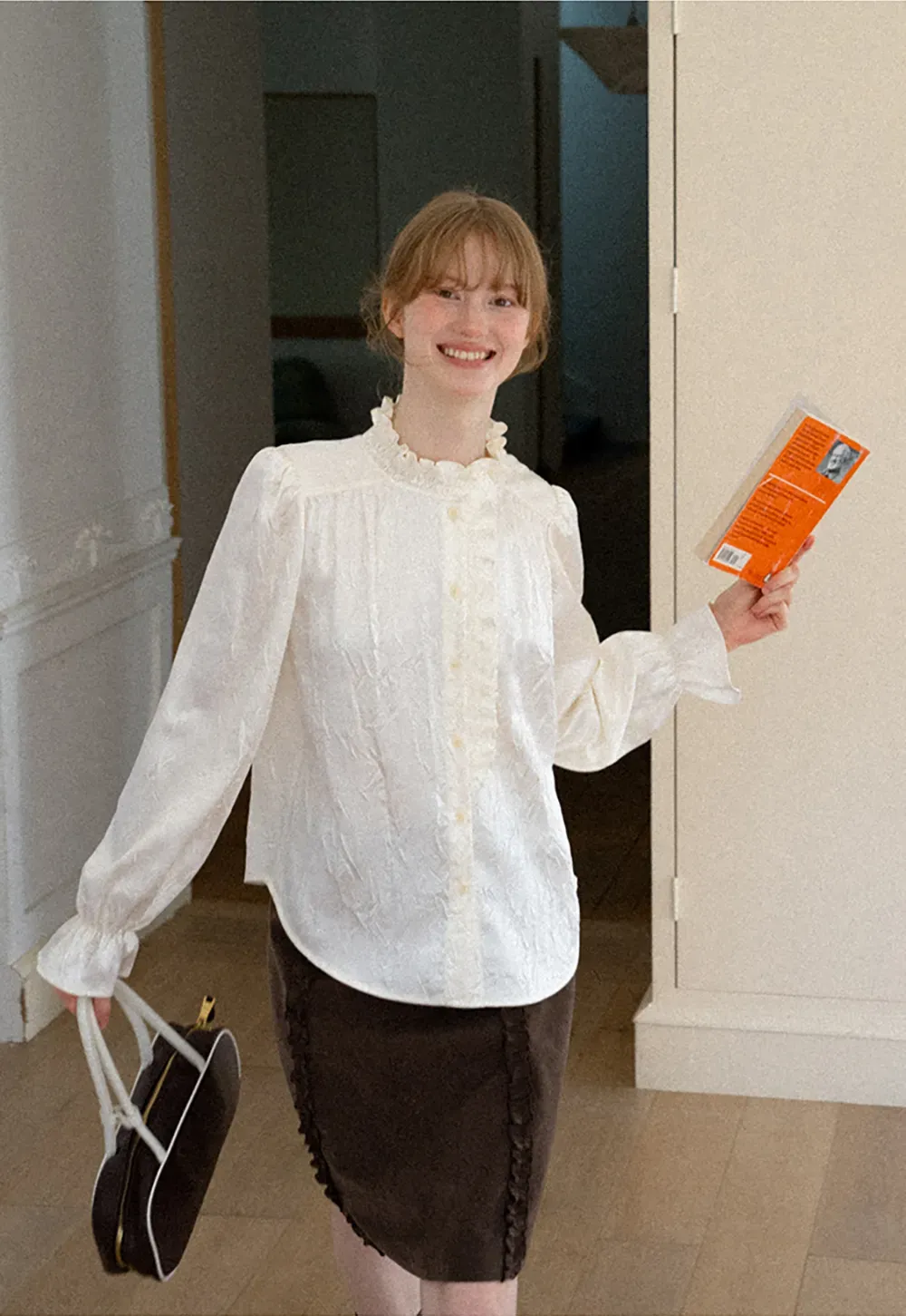 Ruffled Collar Button Front Long Sleeve Shirt