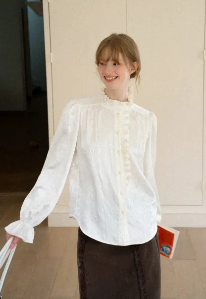 Ruffled Collar Button Front Long Sleeve Shirt