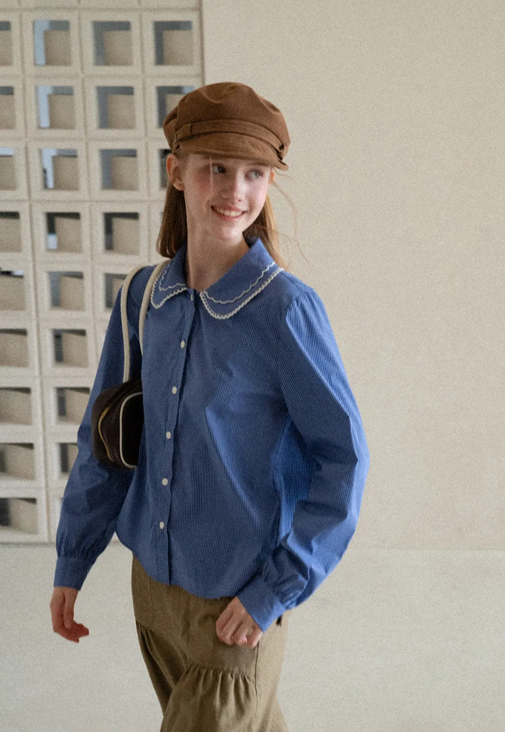 Embroidered Peter Pan Collar Corduroy Shirt