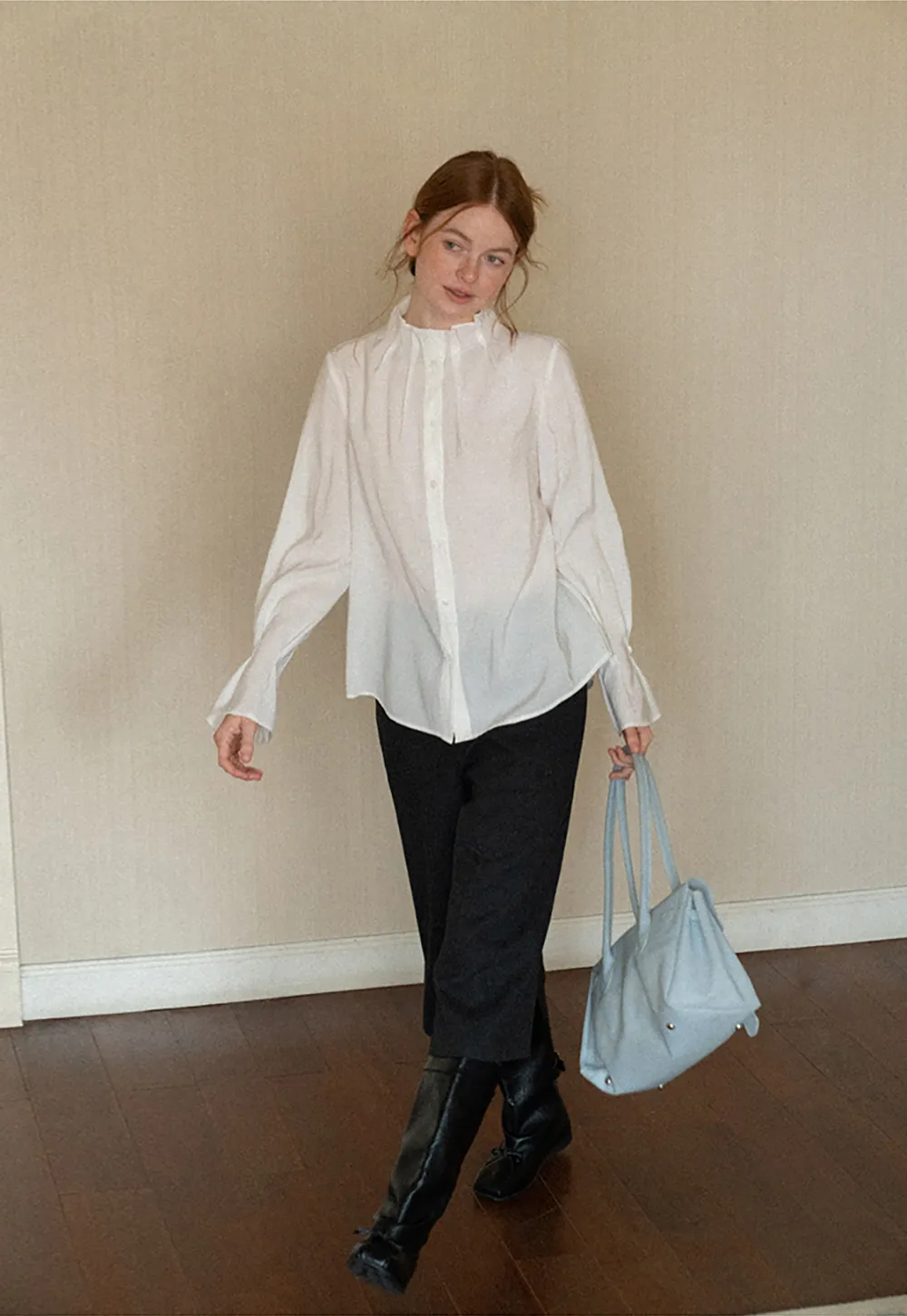 High Collar Long Sleeve Button Up Shirt