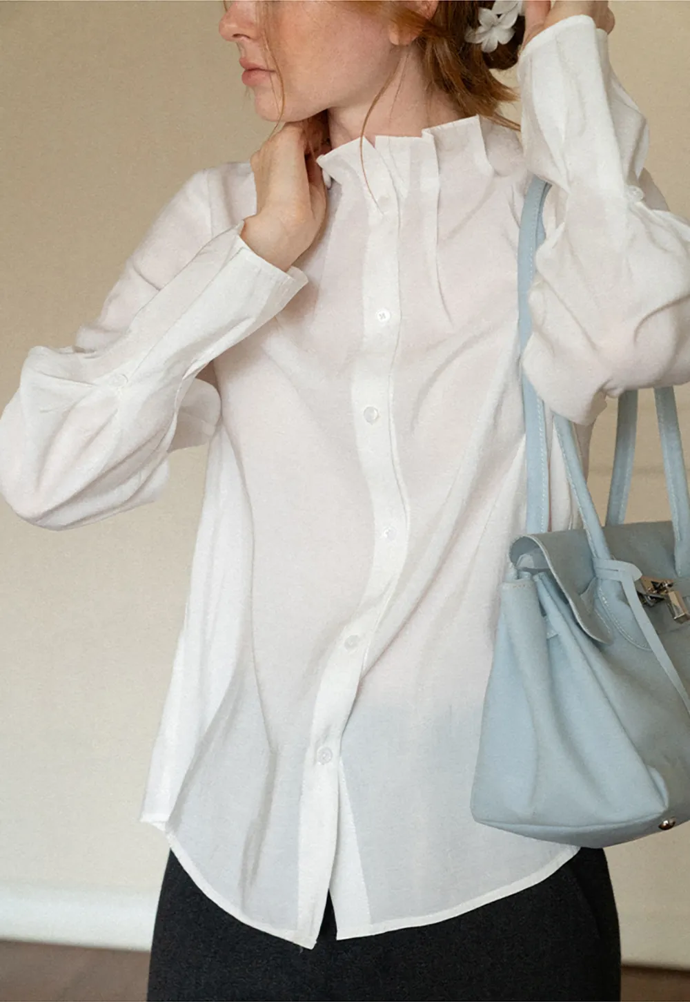 High Collar Long Sleeve Button Up Shirt
