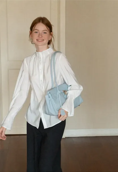 High Collar Long Sleeve Button Up Shirt