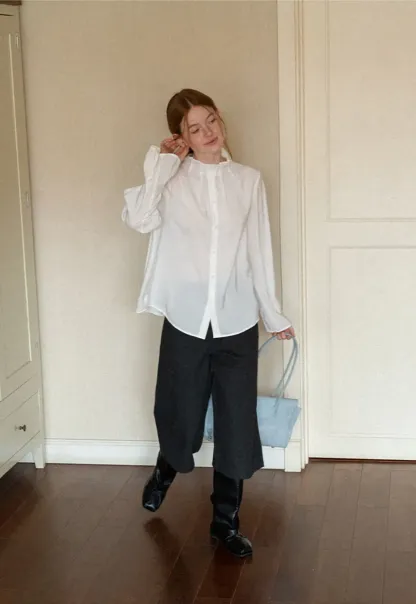 High Collar Long Sleeve Button Up Shirt