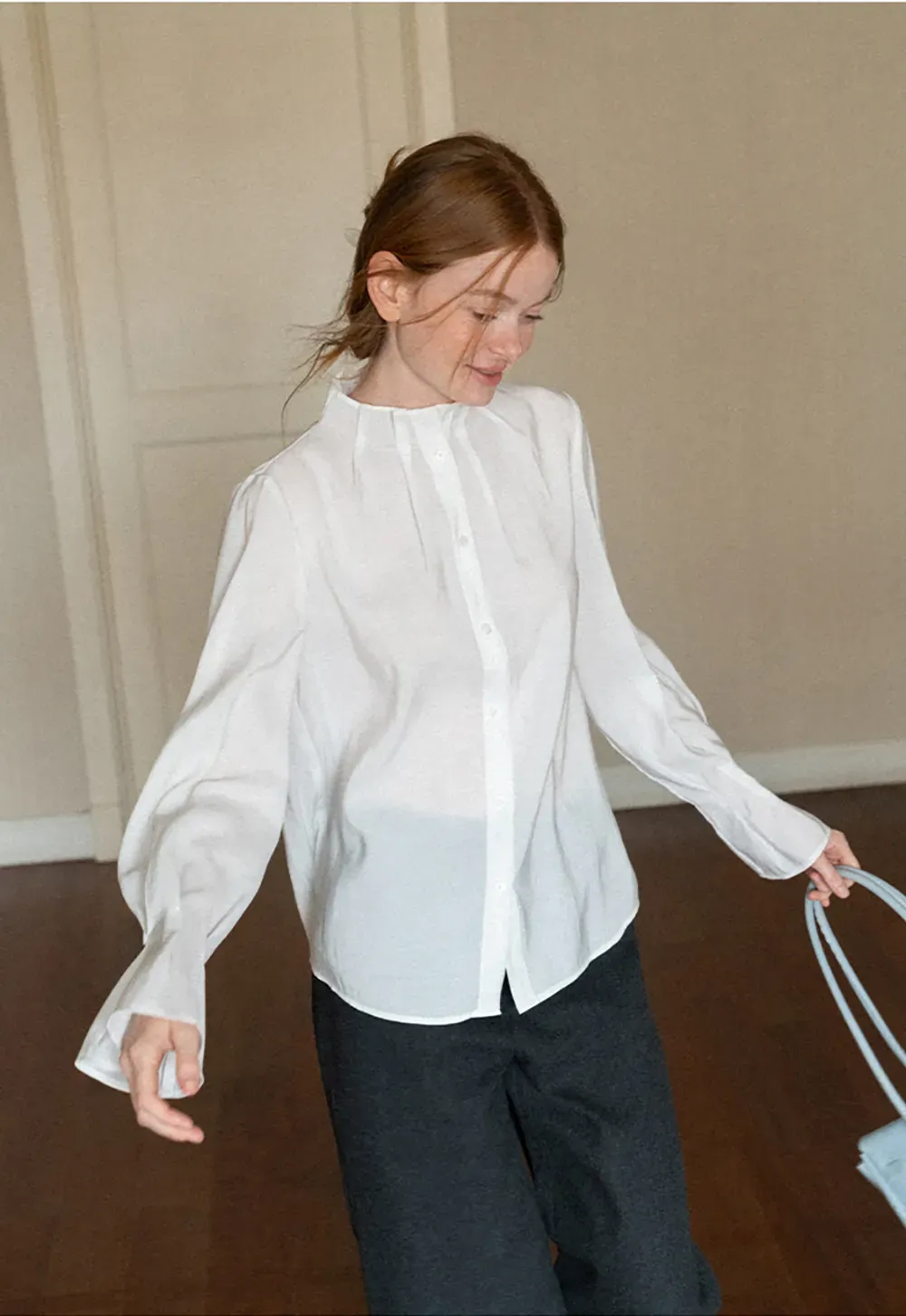 High Collar Long Sleeve Button Up Shirt