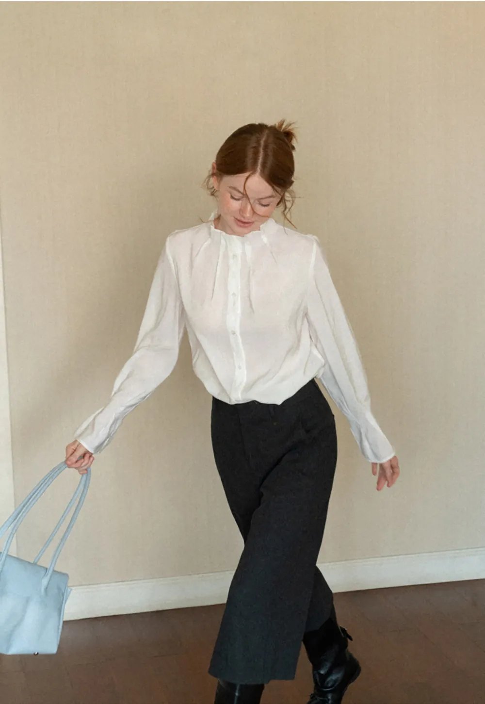 High Collar Long Sleeve Button Up Shirt