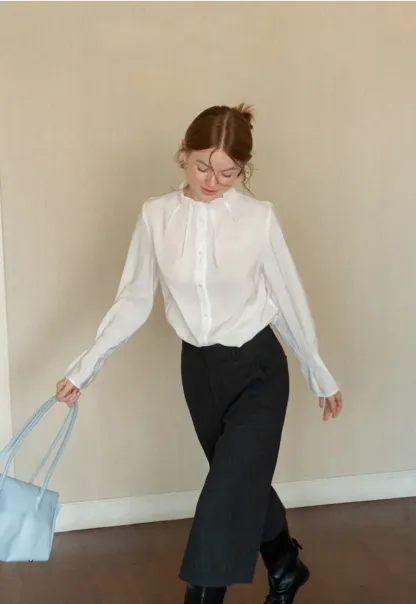 High Collar Long Sleeve Button Up Shirt