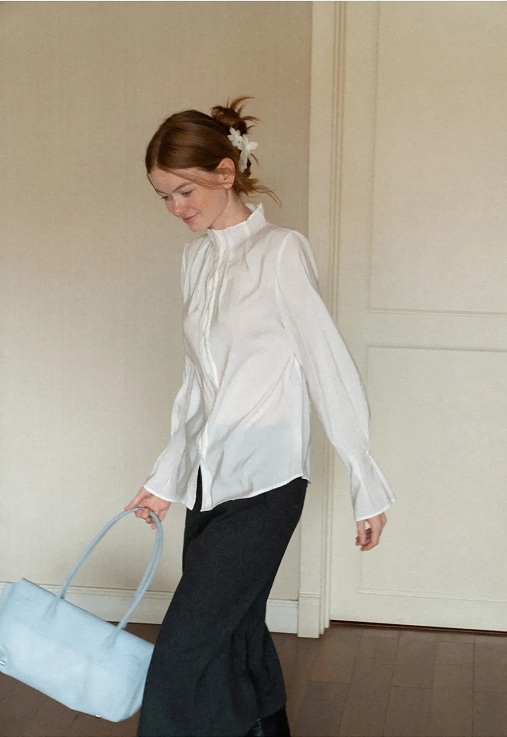 High Collar Long Sleeve Button Up Shirt