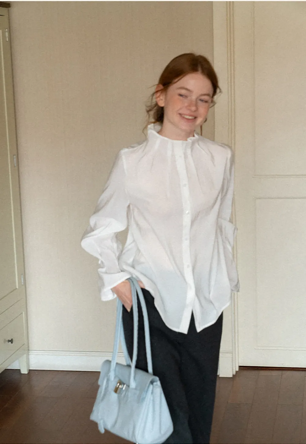High Collar Long Sleeve Button Up Shirt