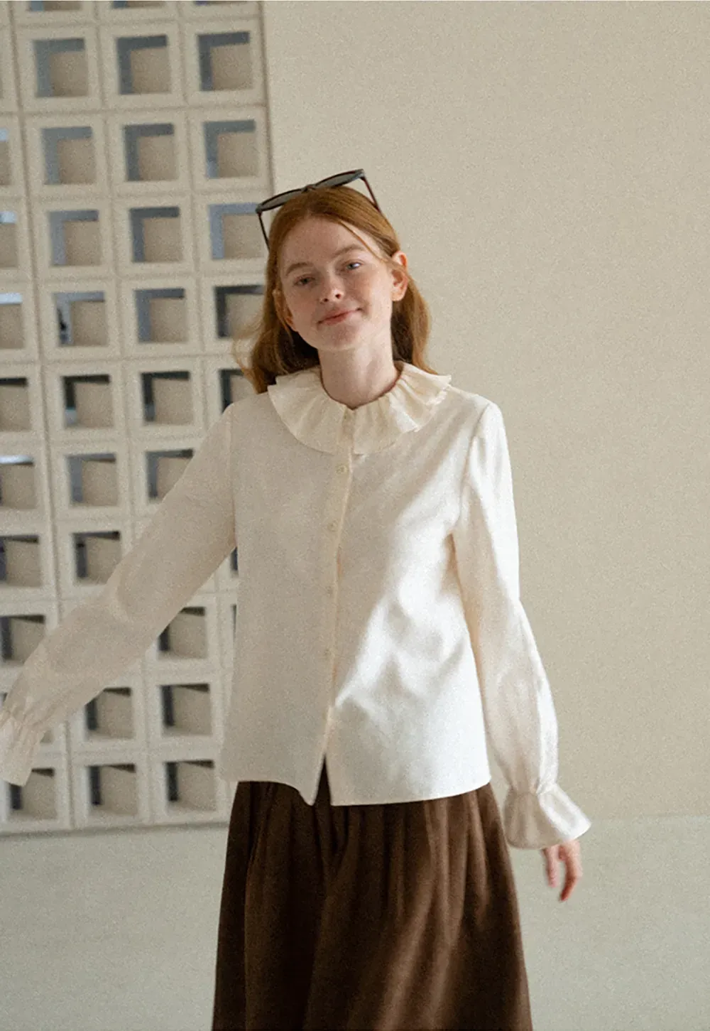 Ruffled Collar Button Front Long Sleeve Shirt