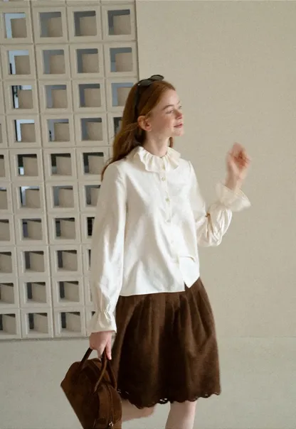 Ruffled Collar Button Front Long Sleeve Shirt