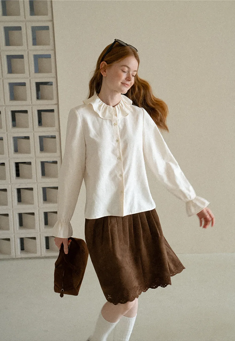 Ruffled Collar Button Front Long Sleeve Shirt