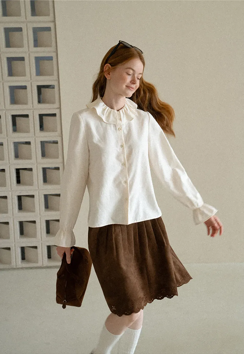 Ruffled Collar Button Front Long Sleeve Shirt
