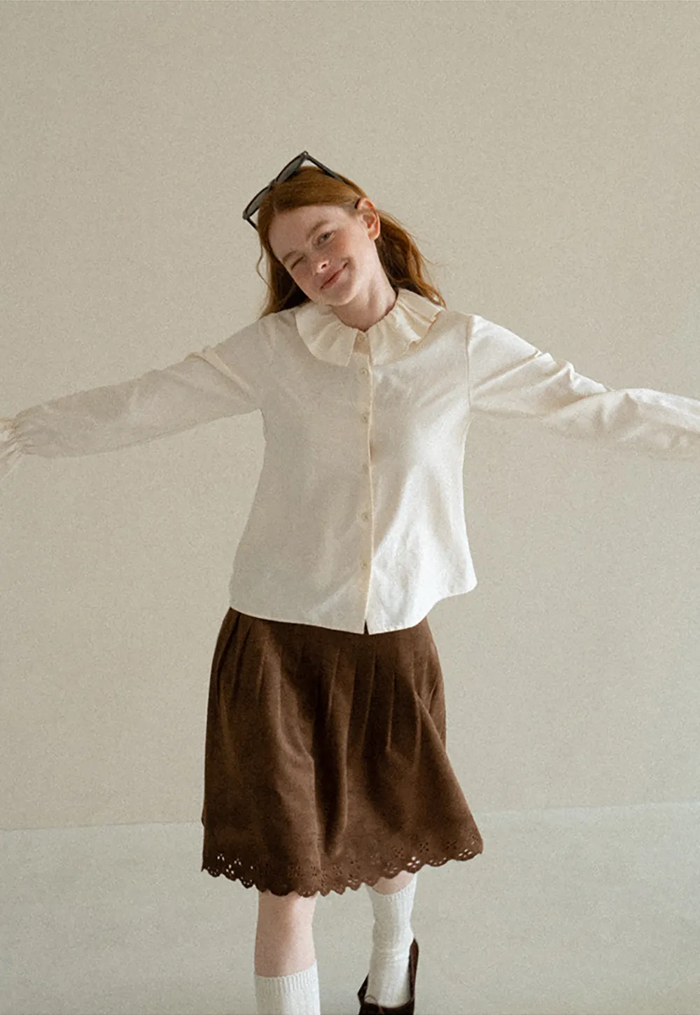 Ruffled Collar Button Front Long Sleeve Shirt