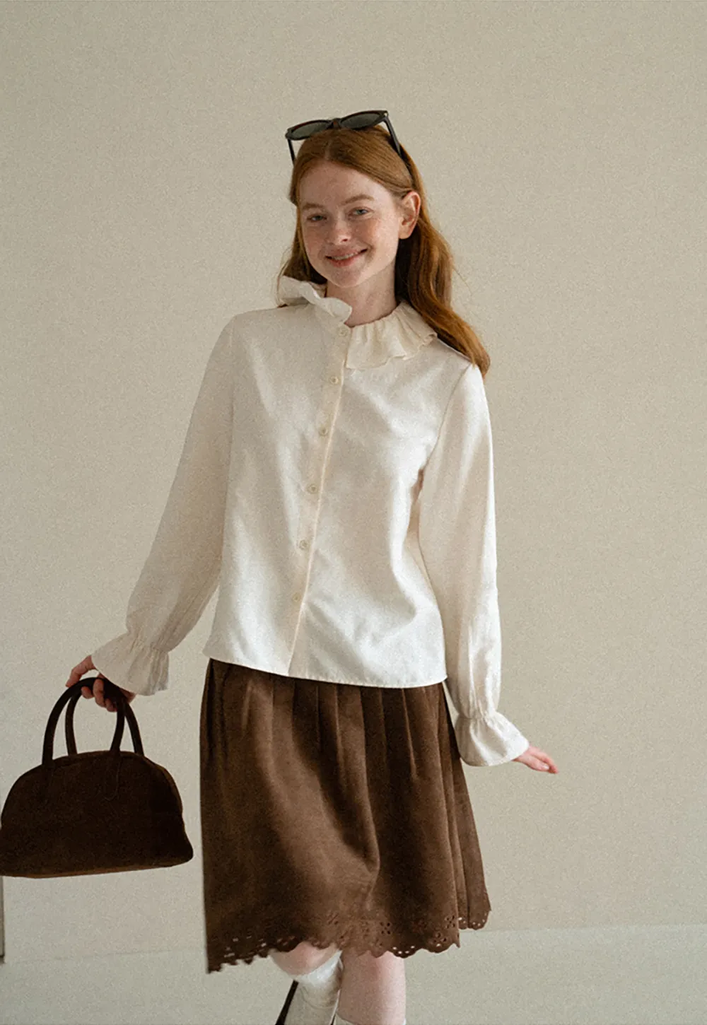 Ruffled Collar Button Front Long Sleeve Shirt