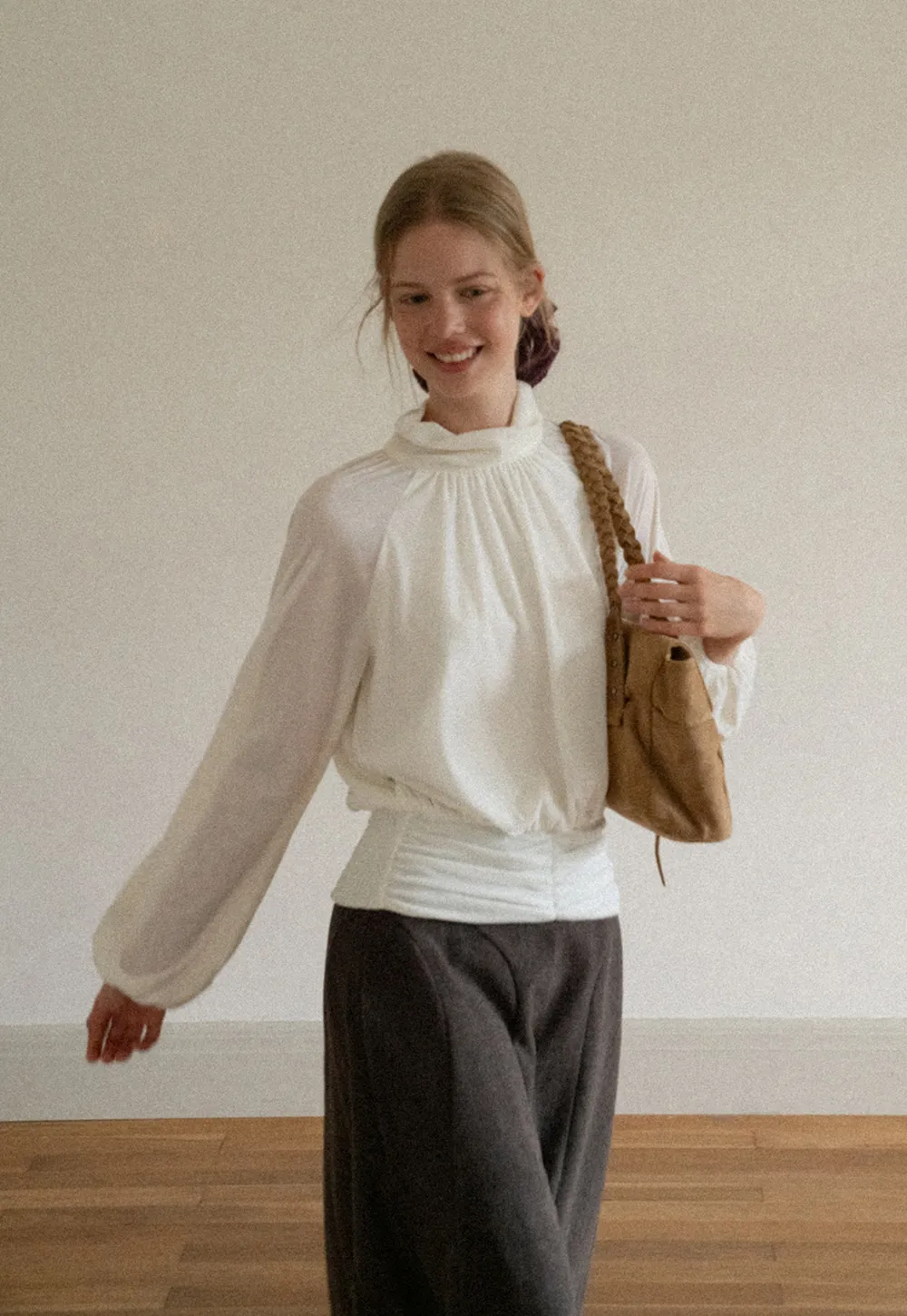 High Neck Pleated Blouse with Sheer Long Sleeves