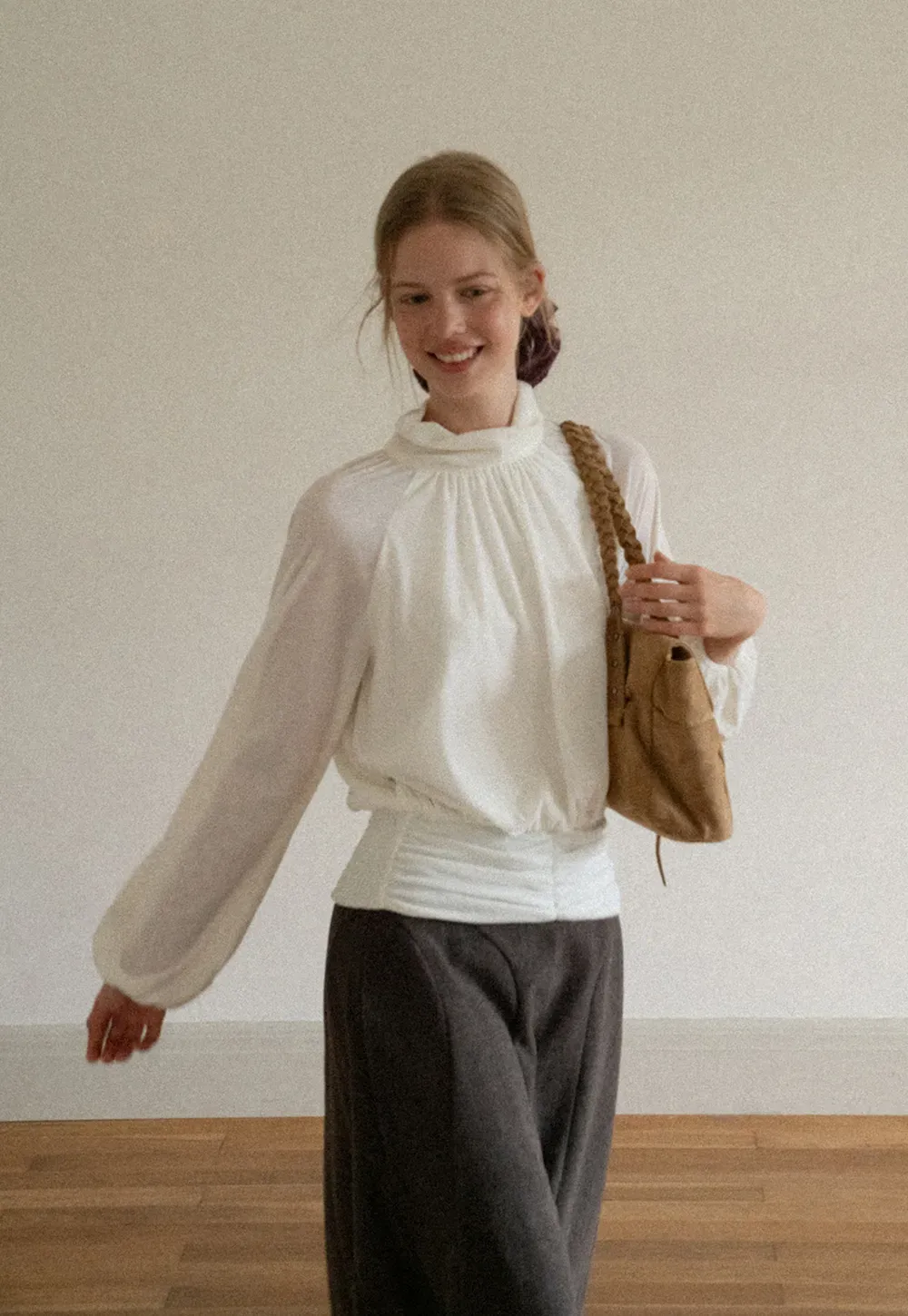 High Neck Pleated Blouse with Sheer Long Sleeves