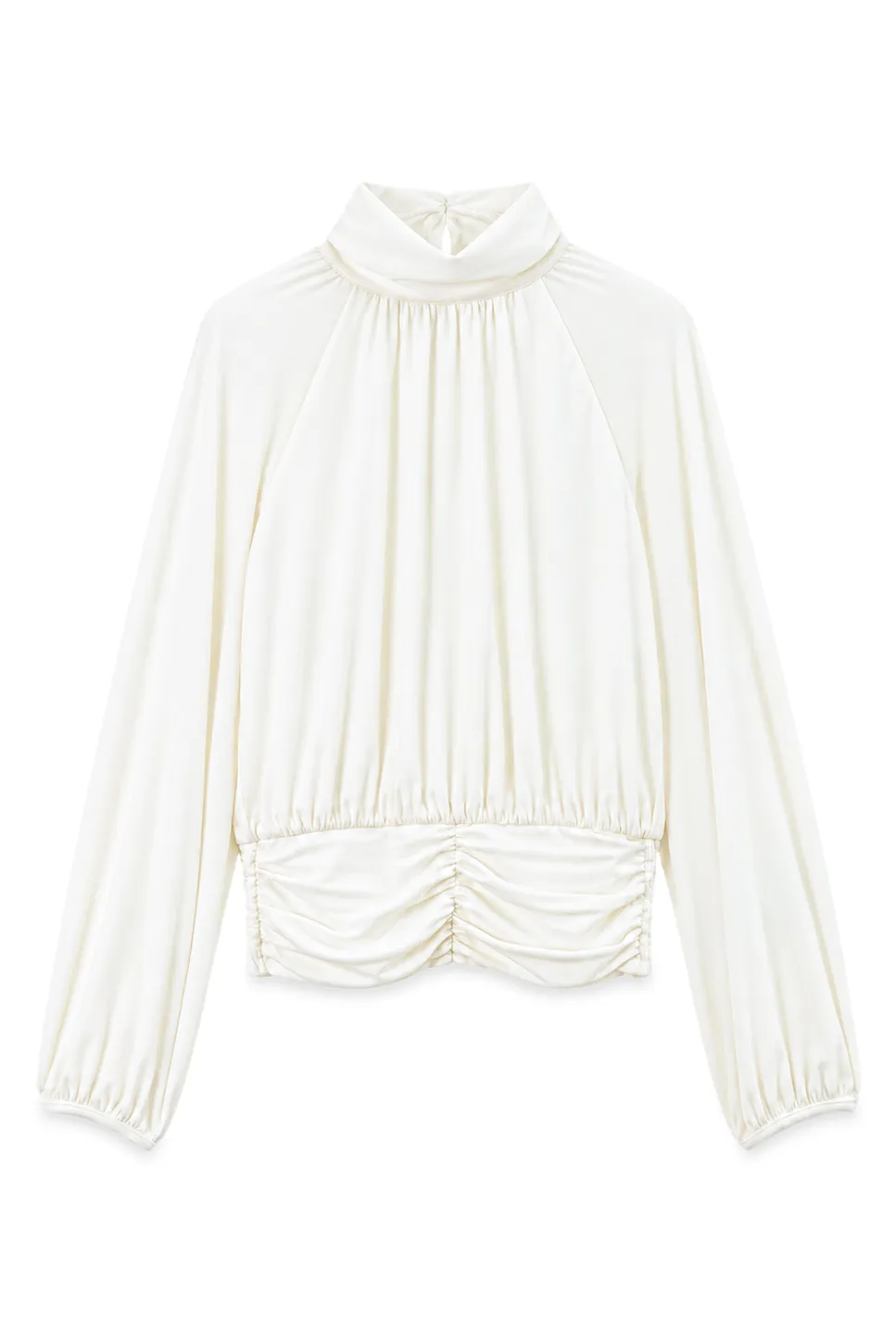 High Neck Pleated Blouse with Sheer Long Sleeves