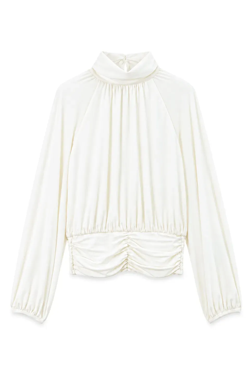 High Neck Pleated Blouse with Sheer Long Sleeves