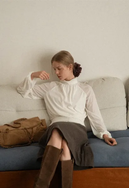 High Neck Pleated Blouse with Sheer Long Sleeves
