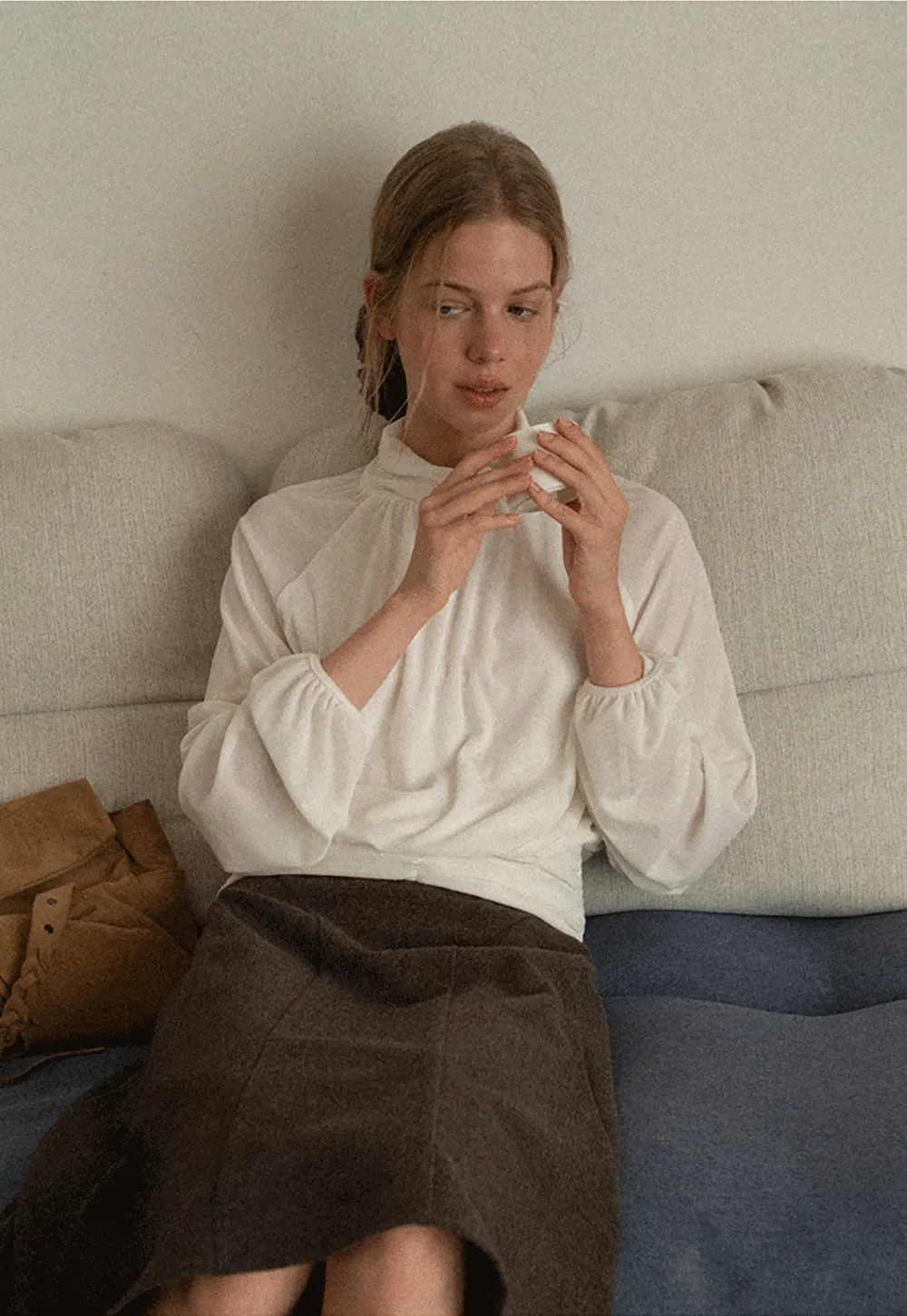 High Neck Pleated Blouse with Sheer Long Sleeves