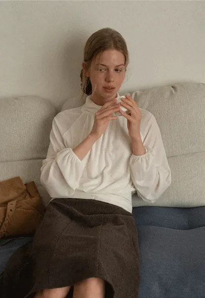 High Neck Pleated Blouse with Sheer Long Sleeves