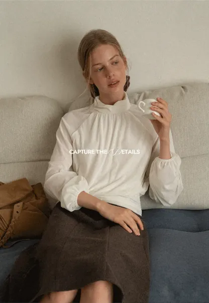 High Neck Pleated Blouse with Sheer Long Sleeves